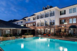 retirement community swimming pool in the evening